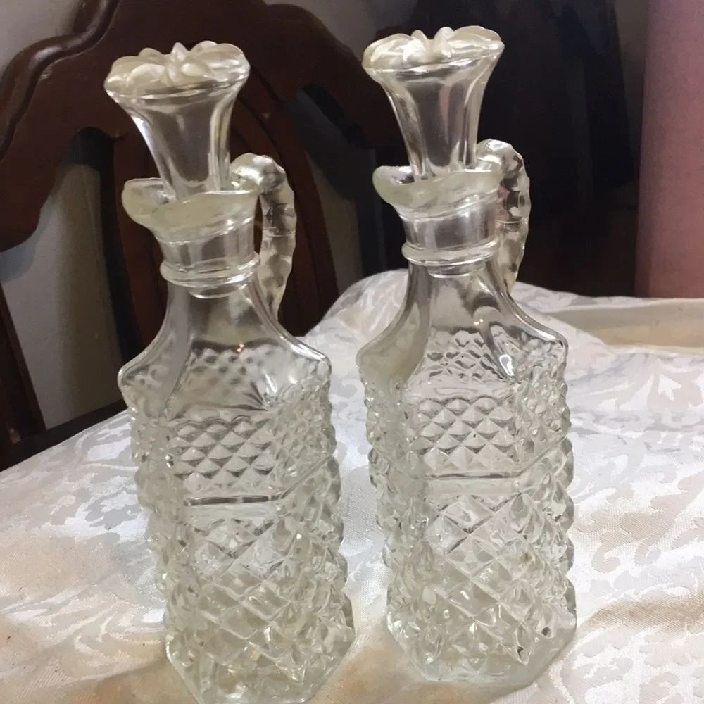 Vintage Cut Glass Cruet Bottles - Pair (Clear)